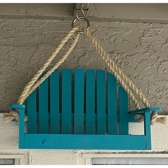 Wooden Hanging Turquoise Bird Feeder Bench Swing Seat Seed Garden Handcrafted - Picture 1 of 3